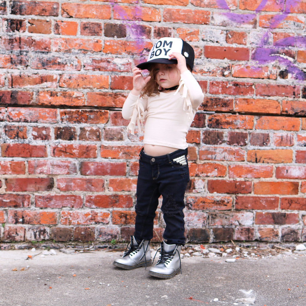 Midnight Black Distressed, Dyed, and Studded Skinny Jeans