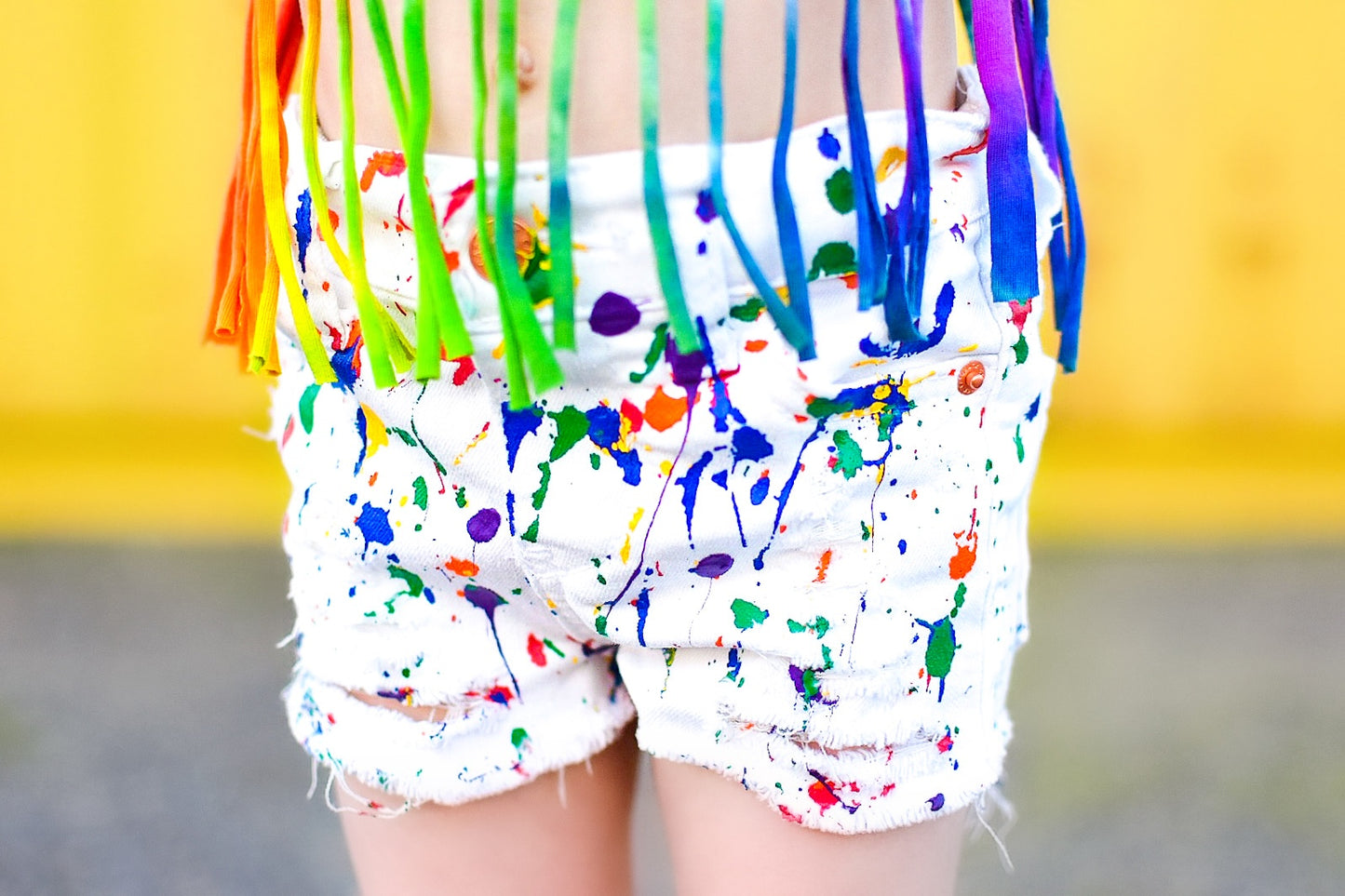 Skittles Rainbow White Paint Splattered Shorties and Skinny Cutoffs