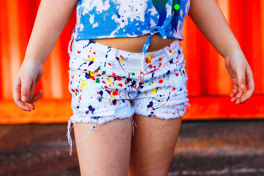 Skittles Rainbow White Paint Splattered Shorties and Skinny Cutoffs