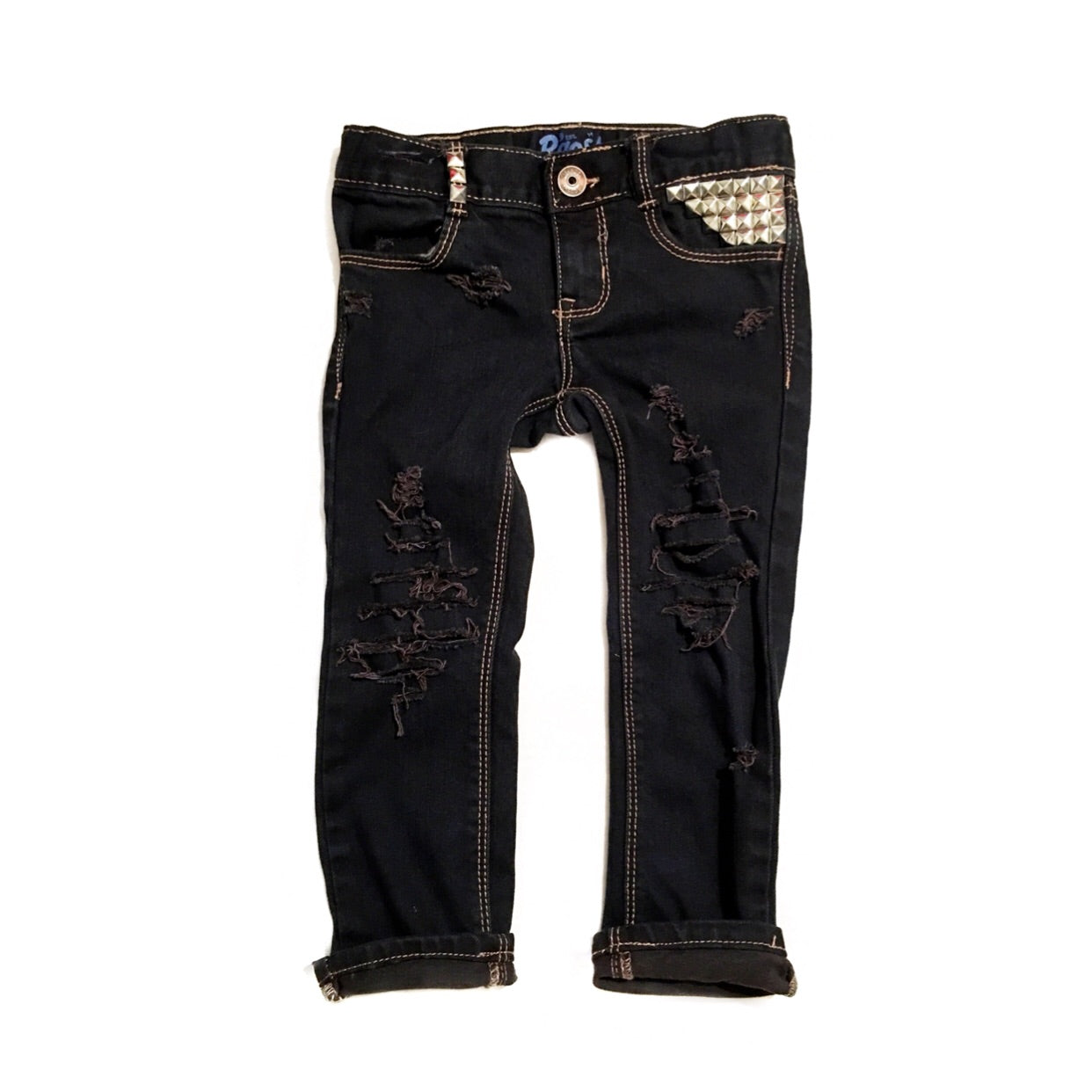 Midnight Black Distressed, Dyed, and Studded Skinny Jeans